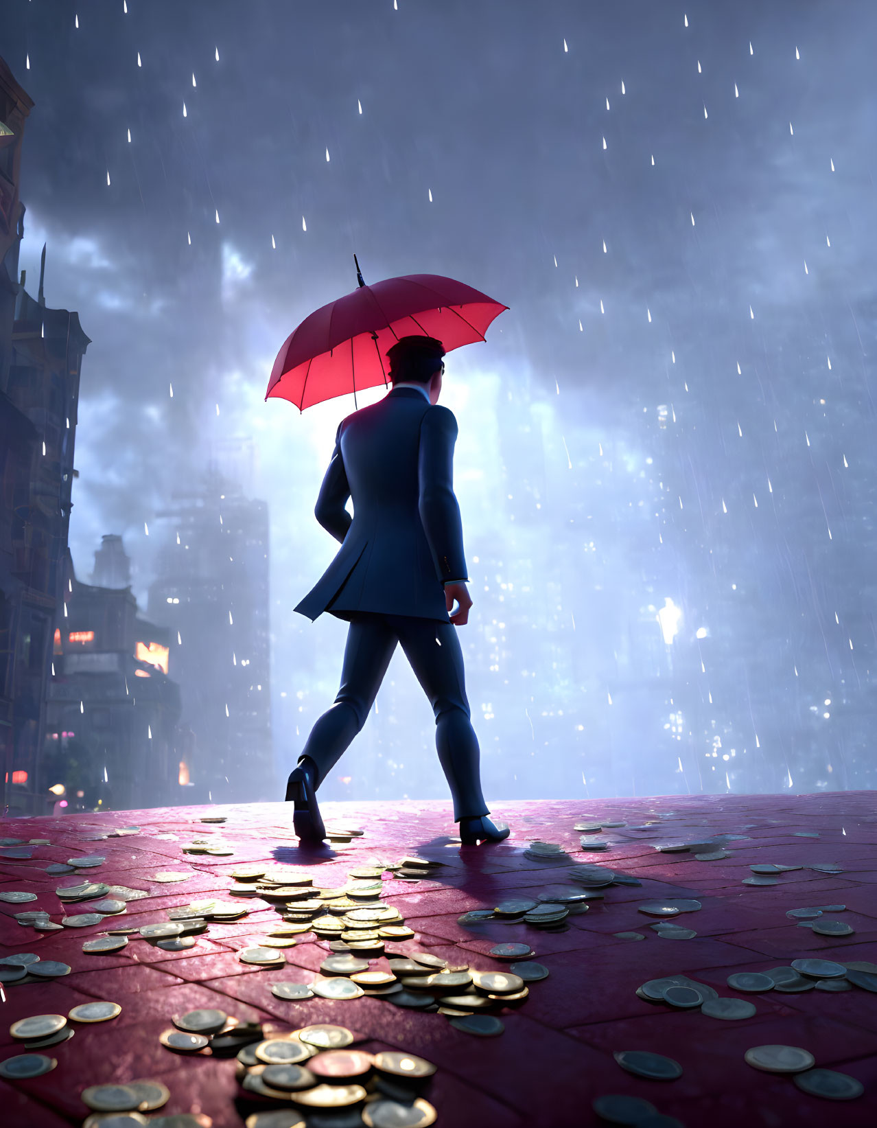 Man in suit with red umbrella on cobblestone street with gold coins, rainy city backdrop