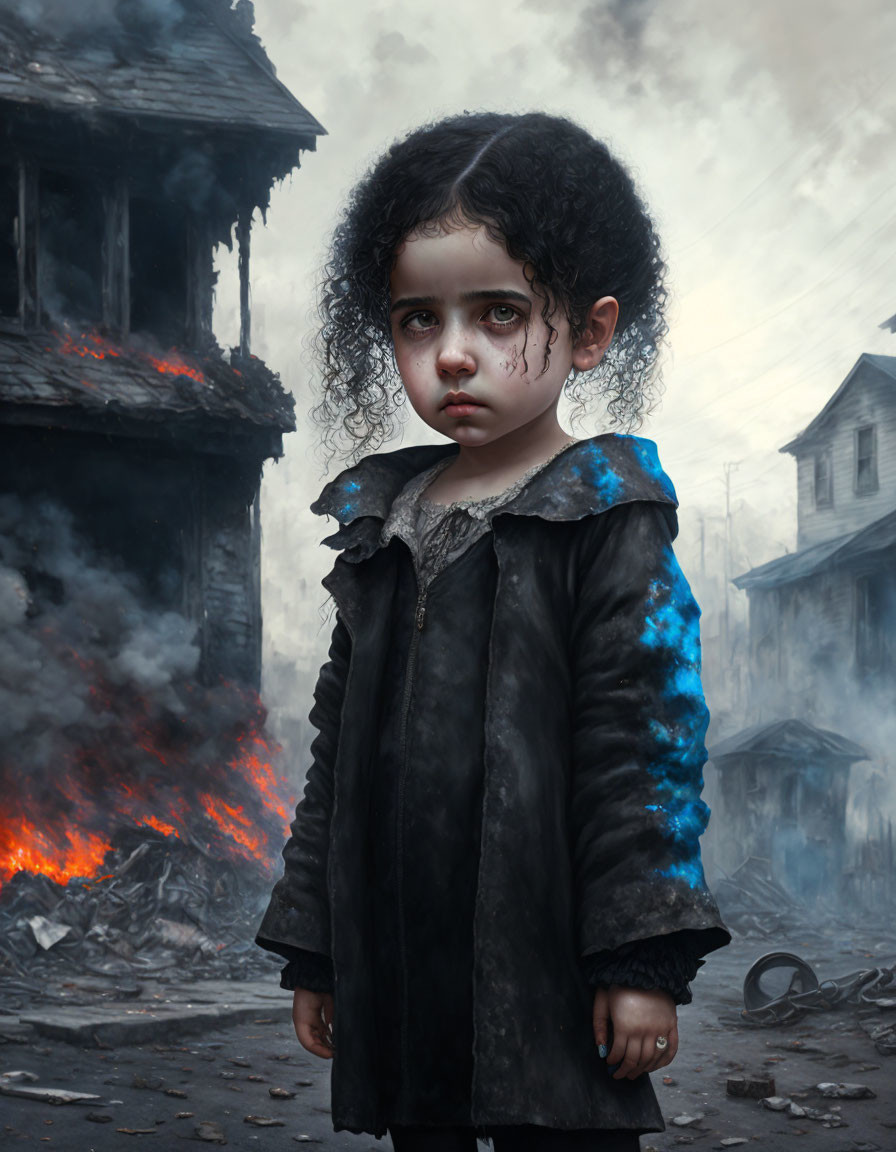 Child with tear-streaked cheeks in front of burning building and dystopian backdrop