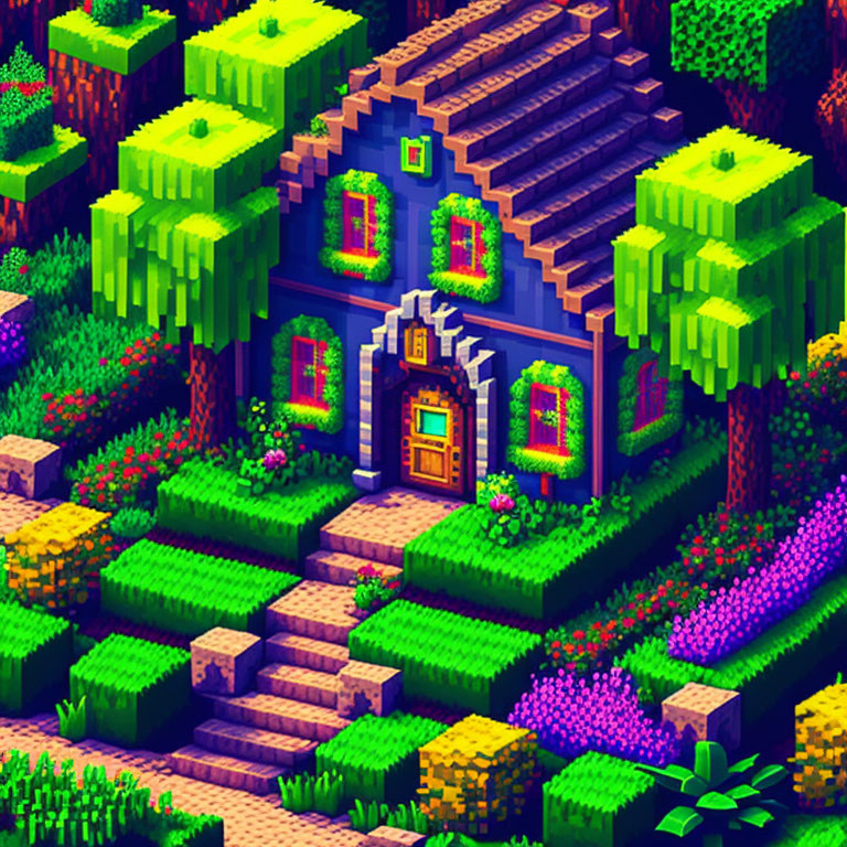 Colorful Voxel Art: Blue Thatched Roof House in Lush Greenery