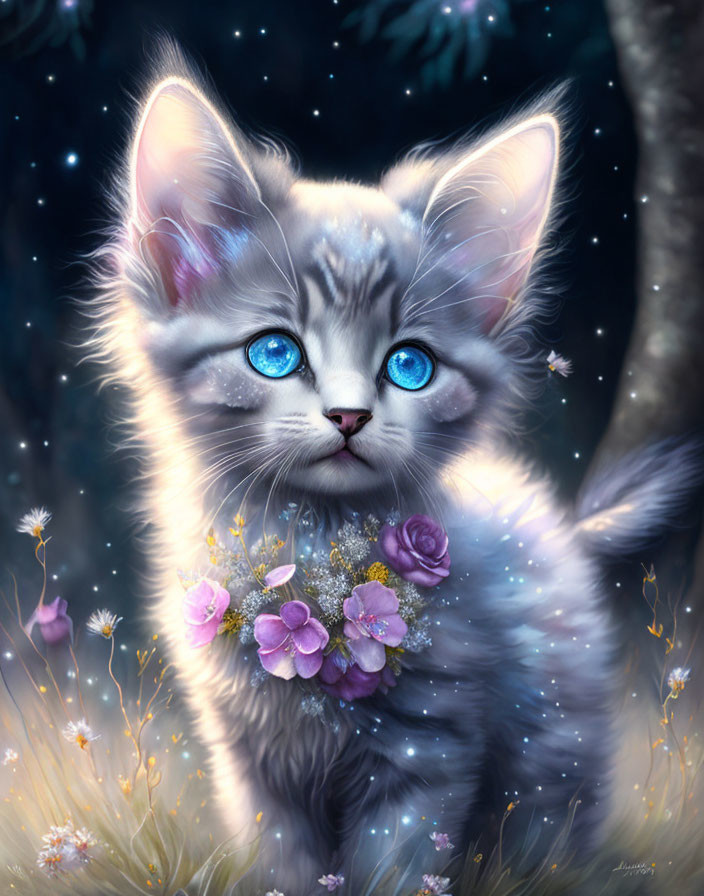 Fluffy Gray Kitten with Blue Eyes in Enchanted Forest Scene