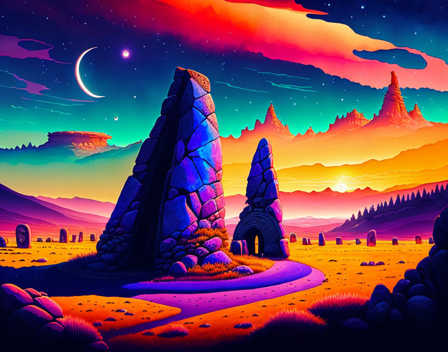 Fantasy landscape digital artwork with stone structures and colorful sunset sky