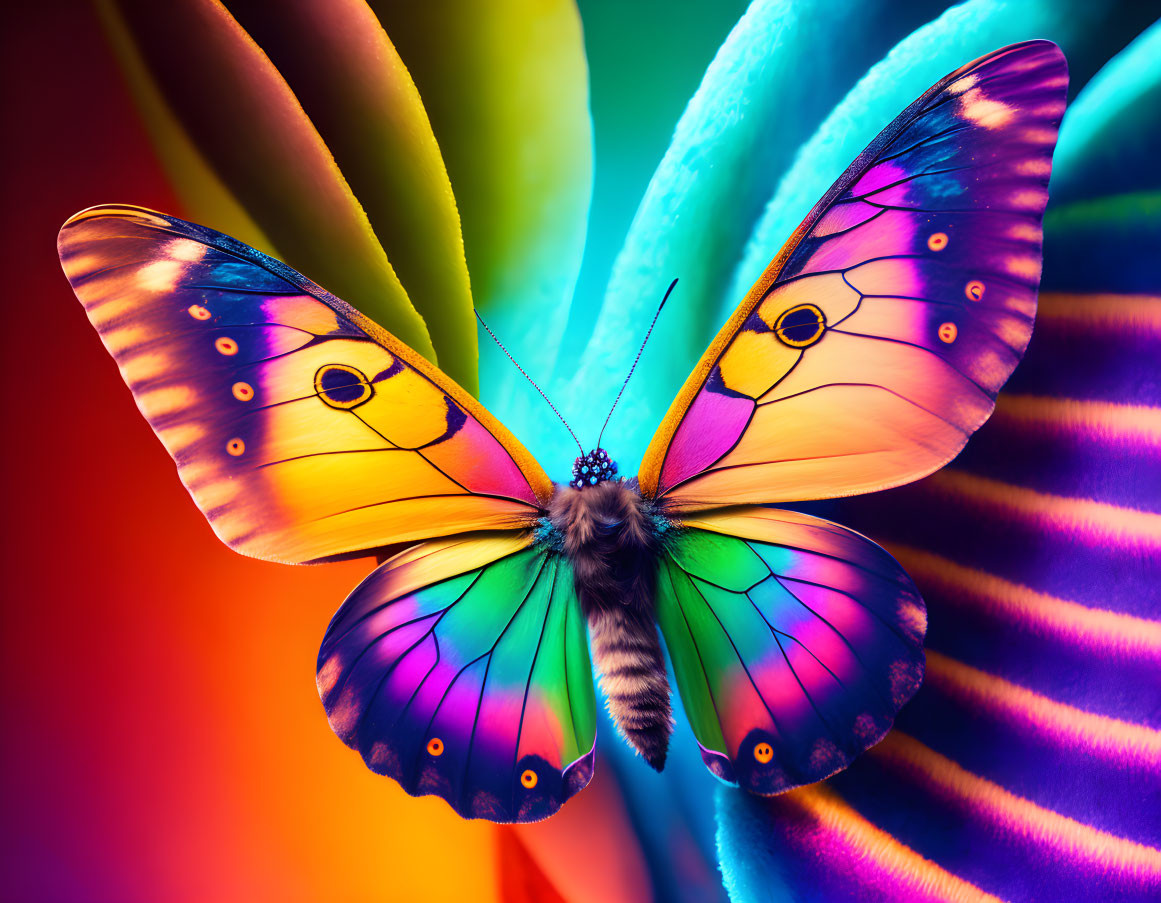 Colorful Butterfly on Multicolored Flower with Gradient Background