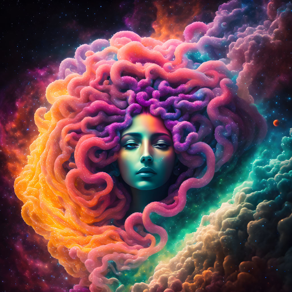 Colorful surreal portrait: Woman with nebula hair in cosmic background