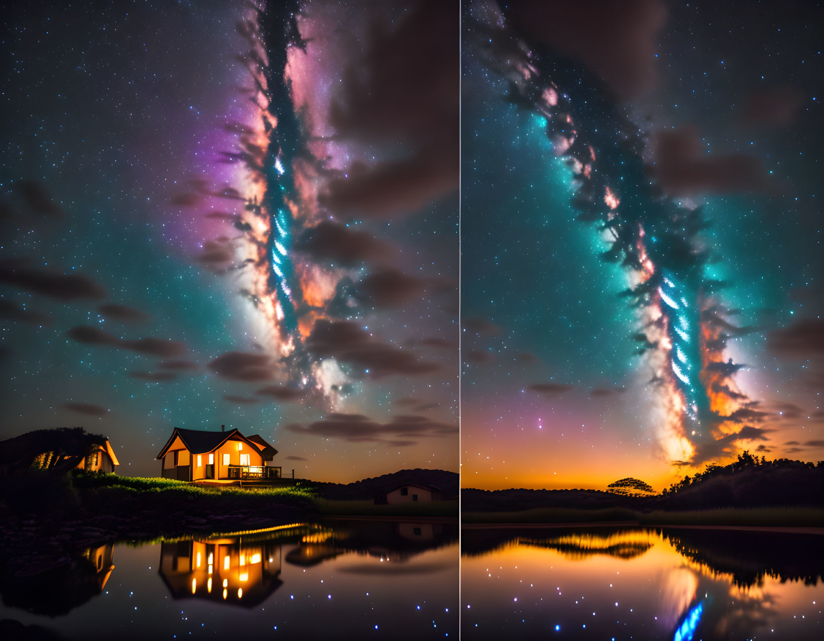 Starry night sky over lake house at twilight