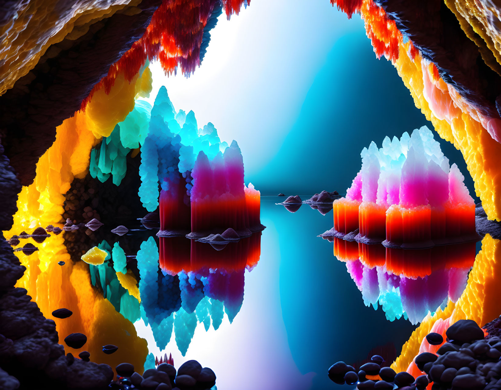 Colorful Cave with Crystal Formations and Serene Water Reflections