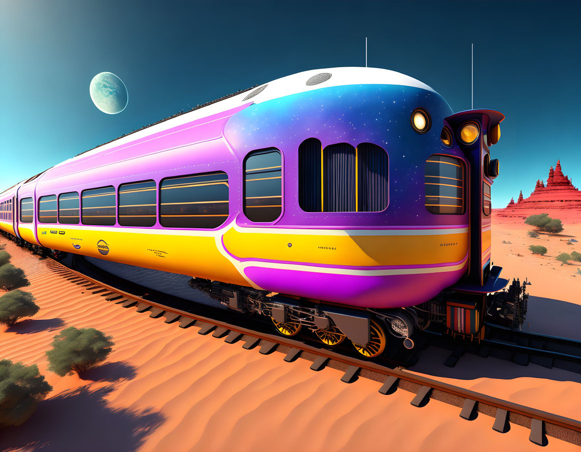 Futuristic galaxy-themed train in desert landscape