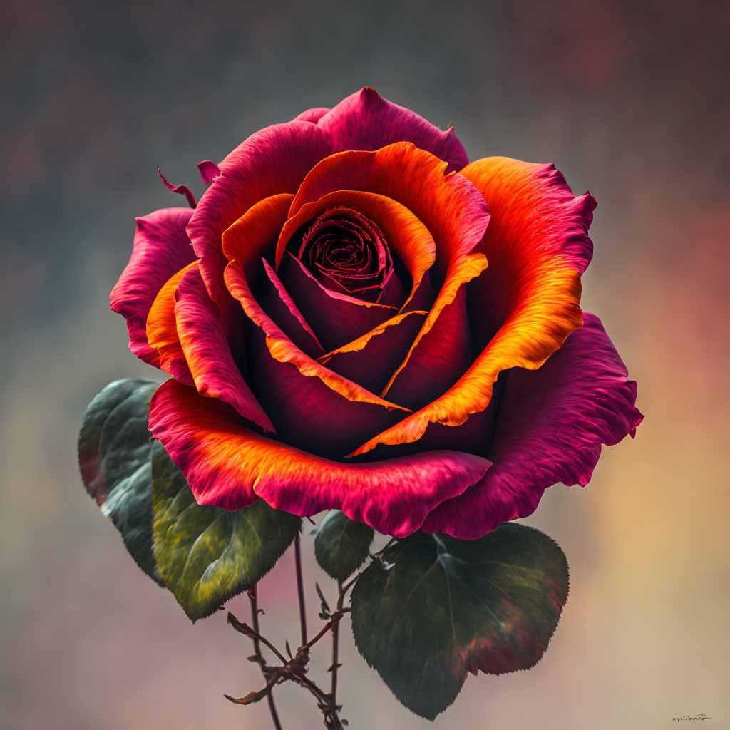 Vibrant red and yellow rose with detailed petals on soft-focus background