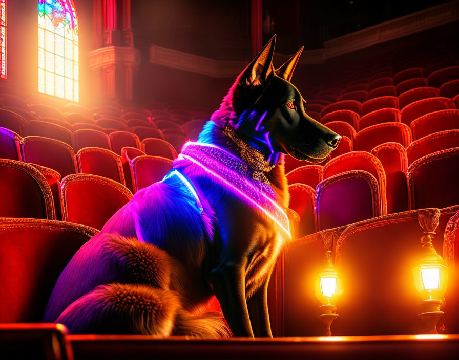 Glowing black dog in vintage theater under warm lamp light