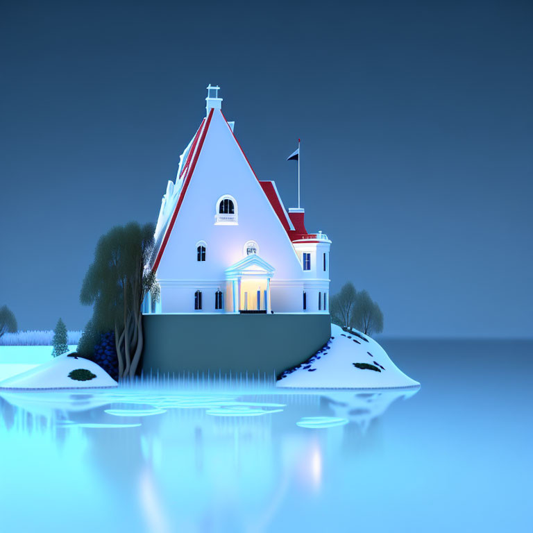 Snow-covered house with red roof reflected in serene waters at twilight