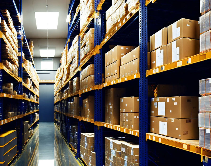 Tall Blue and Orange Shelving in Organized Warehouse