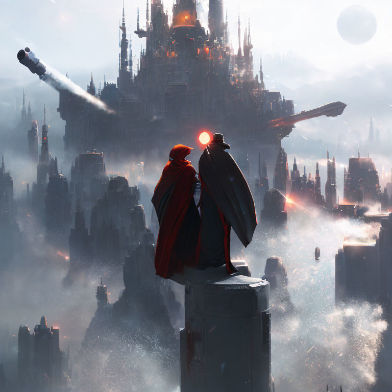 Cloaked figures on pillar observe futuristic city with flying vehicles and firing ship