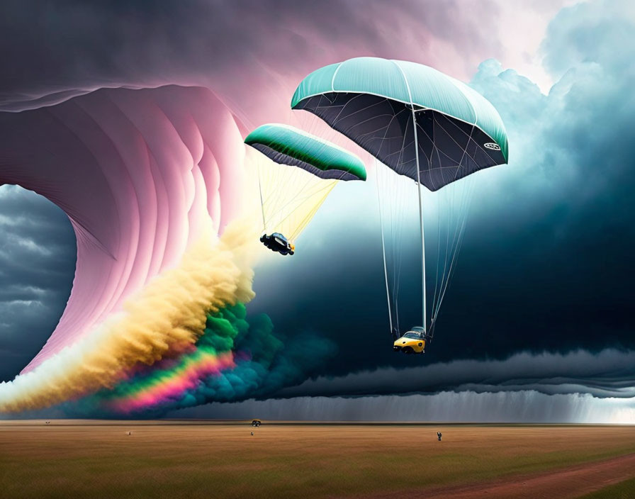 Colorful paragliders soar over surreal landscape with suspended car, dark clouds, and rainbow