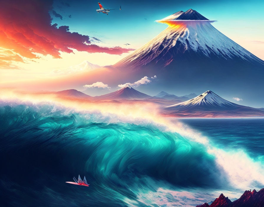 Digital Art: Towering Waves & Snow-Capped Mountain Under Sunset Sky