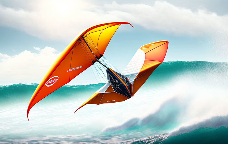 Colorful hang glider flying over ocean waves and cloudy sky