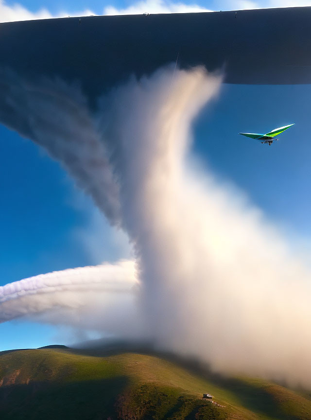 Aircraft produces condensation trail over green landscape