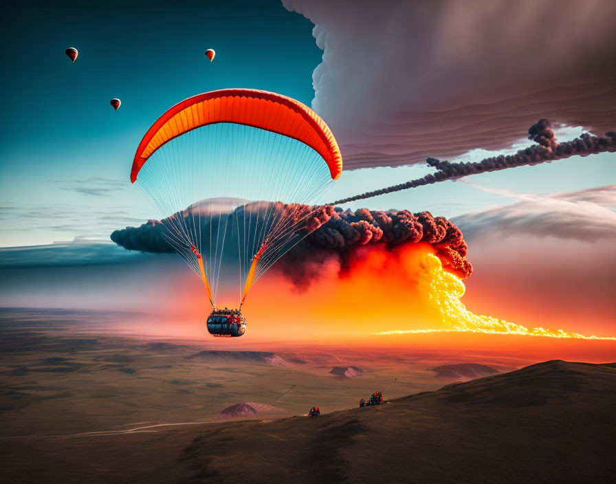 Paragliders soar over grassy landscape with volcanic eruption