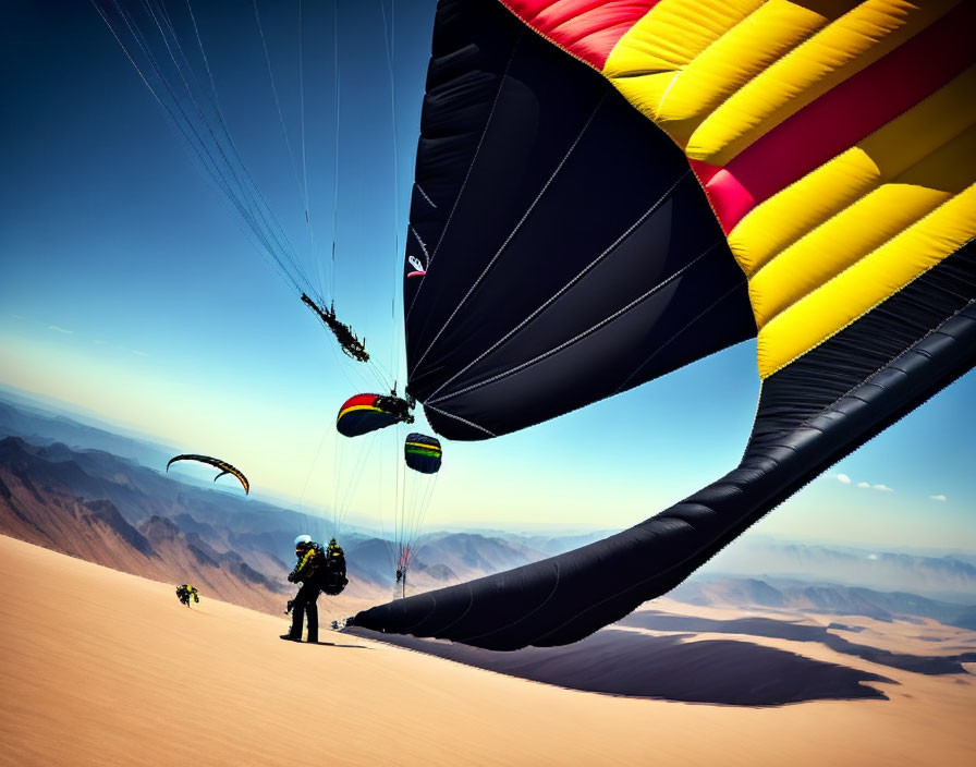 Paragliders flying over desert dunes under clear blue sky