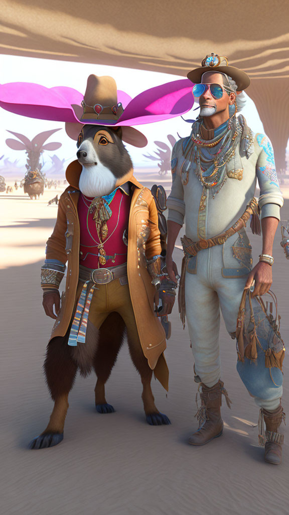 Futuristic cowboy and stylized dog in wild west desert