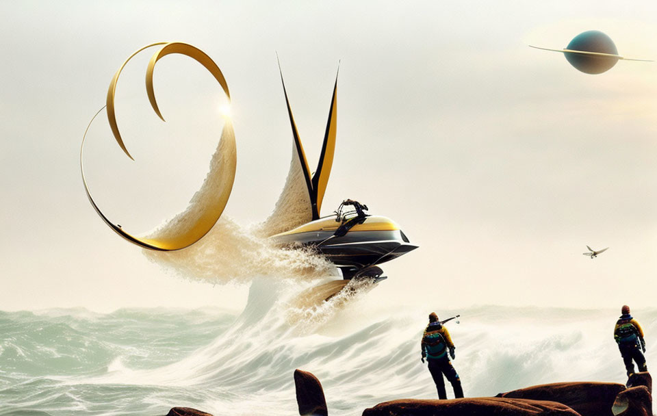 Futuristic yacht with golden sails surfing a wave, two people without boards, planet in the sky