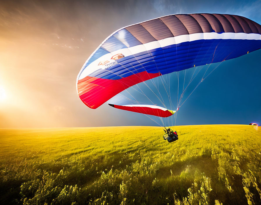 Paraglider flying over lush green field in clear sky.