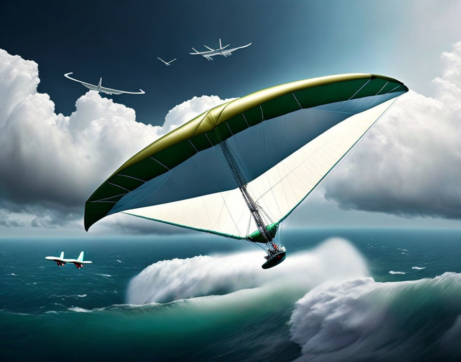 Hang glider above ocean with planes, surfer on high wave