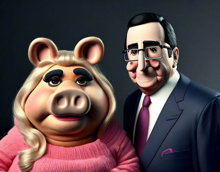 Cartoon female pig in pink sweater with male character in suit and glasses