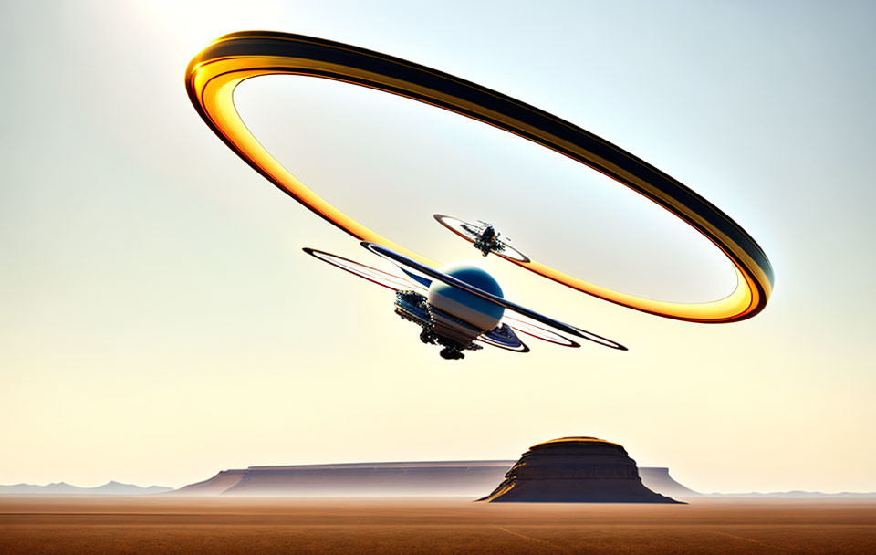 Surreal ring-shaped structure above desert with Saturn-like planets