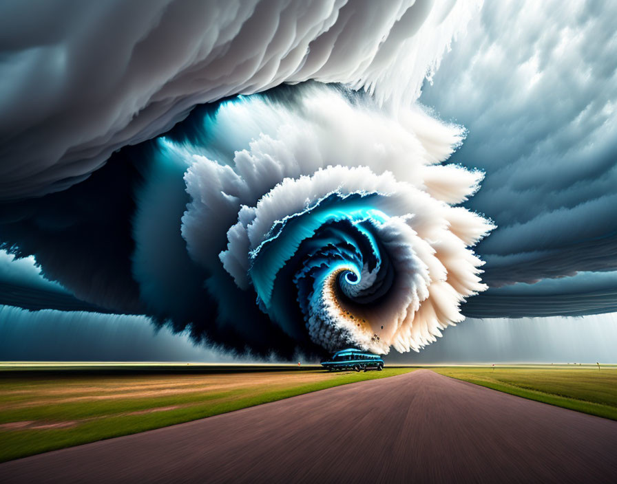 Surreal road scene with swirling cloud resembling giant wave