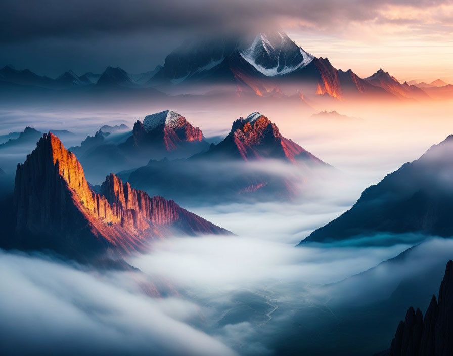 Majestic sunrise over mountain peaks and clouds