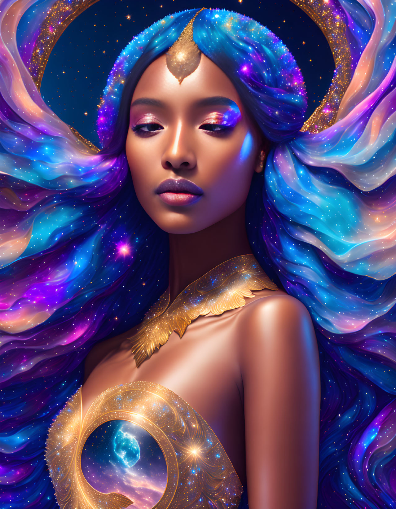 Cosmic-themed digital artwork of a woman with blue galaxy hair.