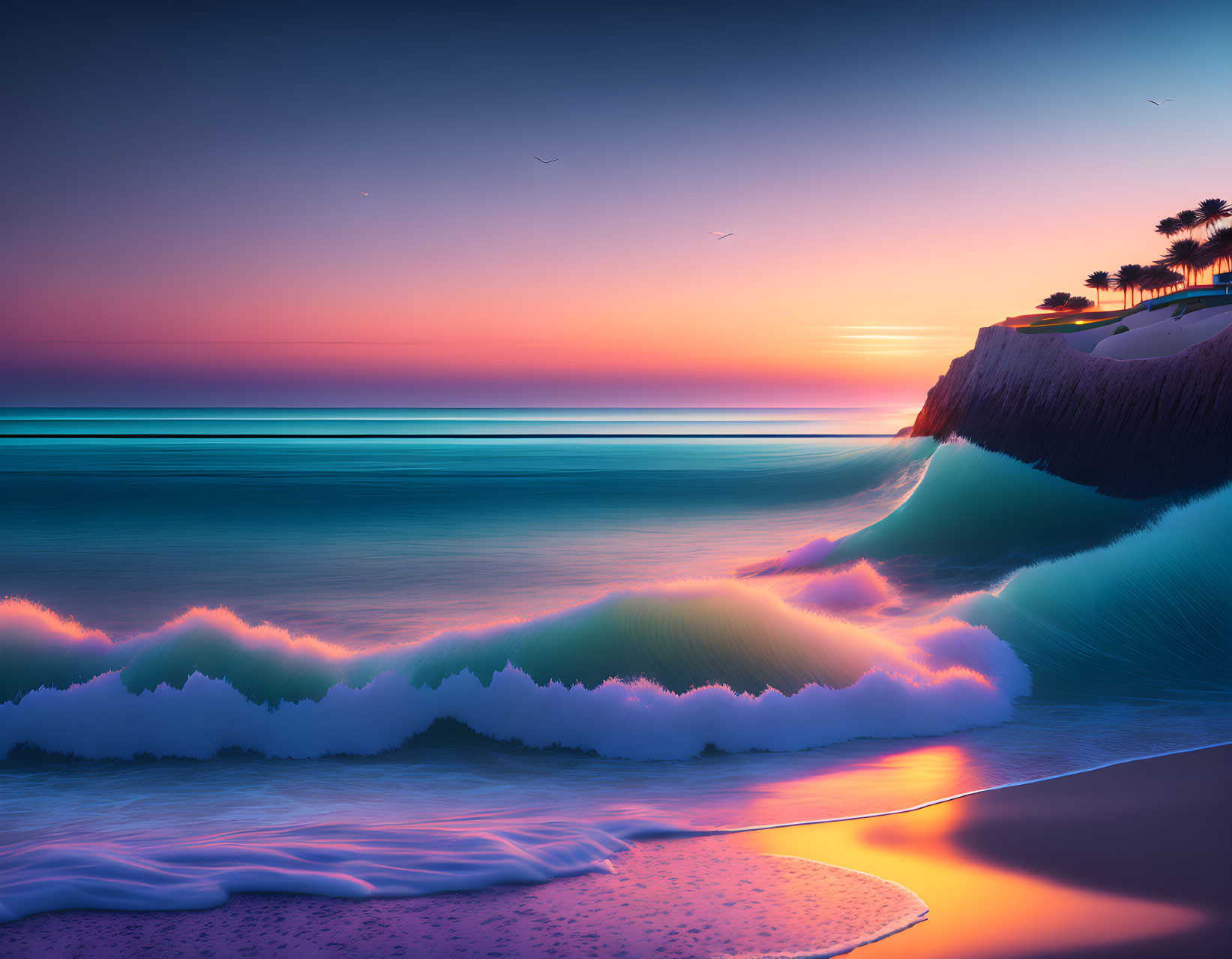 Scenic beach sunset with cresting wave and palm trees against tranquil sky