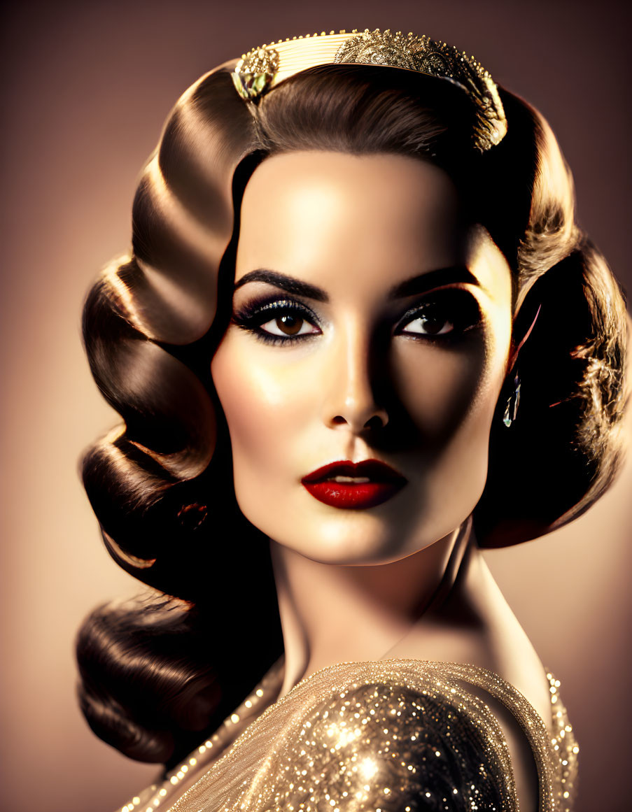 Vintage portrait of a woman with classic Hollywood waves and dramatic makeup