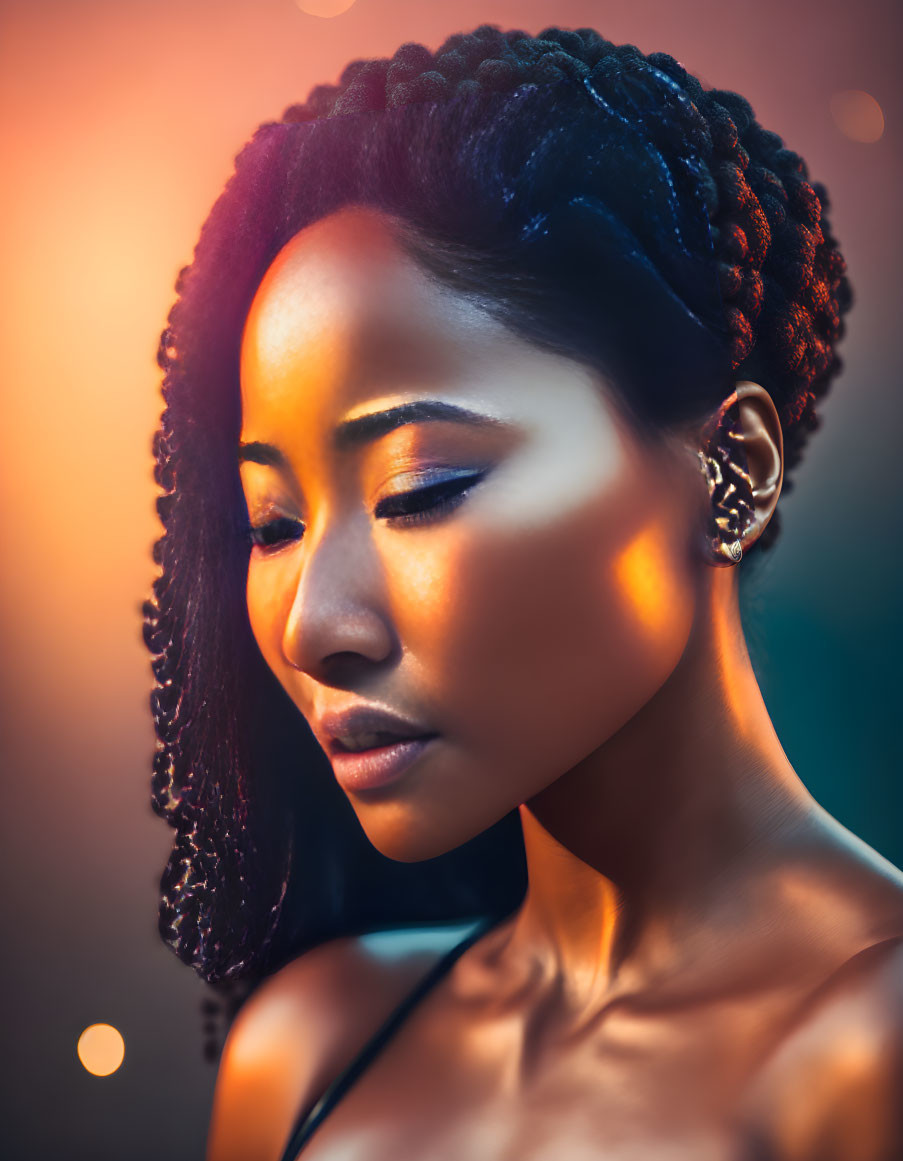 Serene woman with braided hair in soft glowing lights