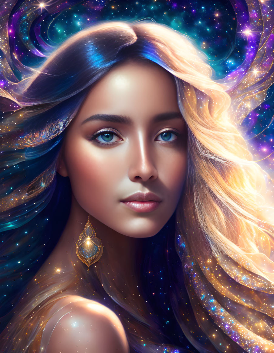 Cosmic-themed woman portrait with blue and gold hair and ornate earring