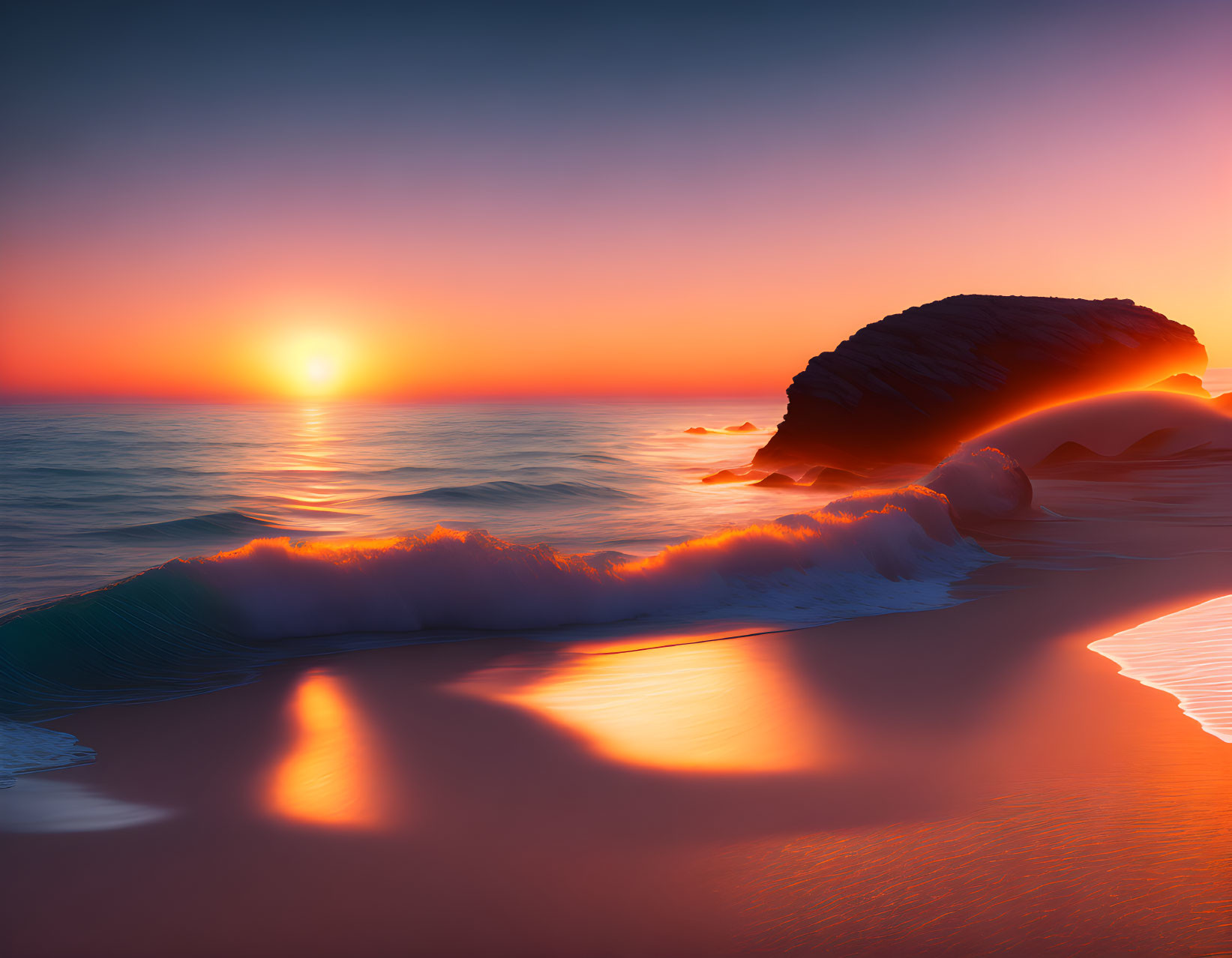 Scenic beach sunset with rock formation and crashing waves