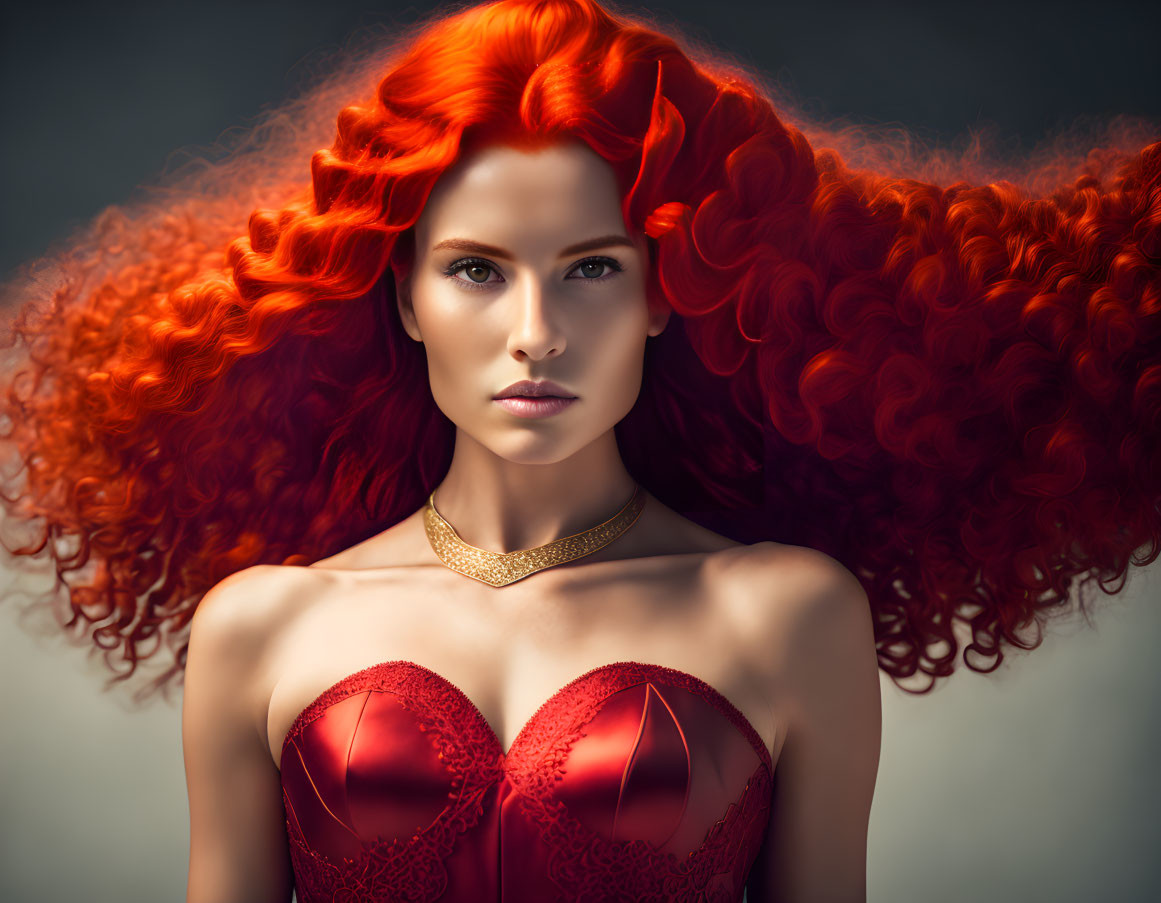 Red-haired woman in matching dress with serious expression and voluminous curls.