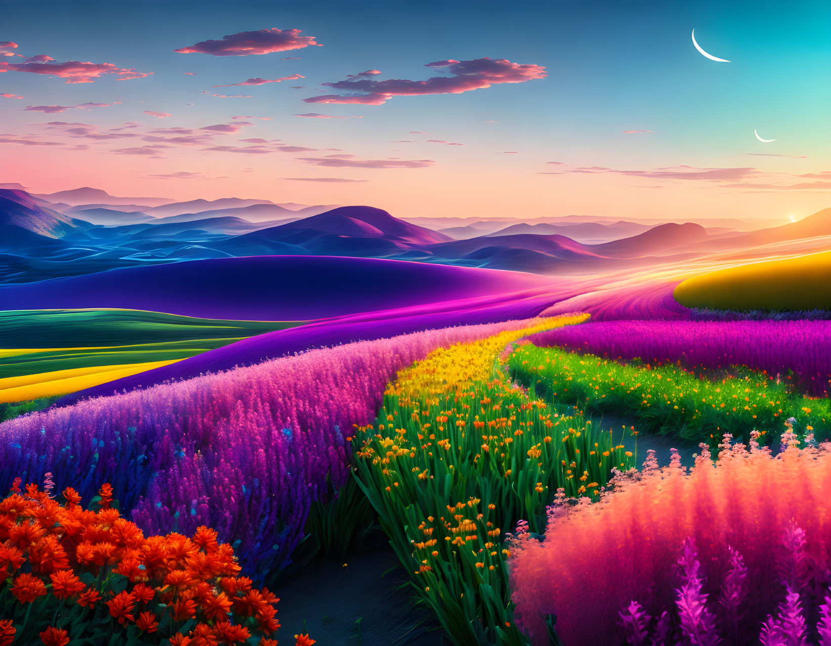 Colorful Flower Fields and Rolling Hills at Dawn with Crescent Moon