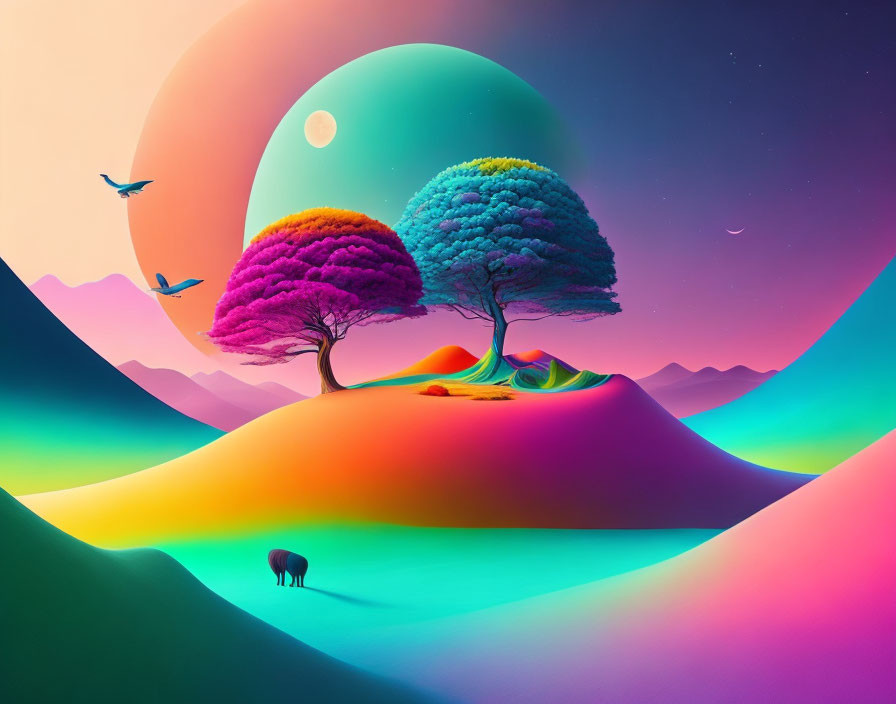 Colorful surreal landscape with celestial bodies and whimsical trees