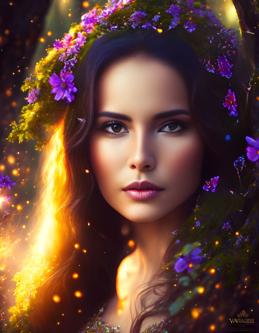 Woman portrait with floral hair adornments in warm light and mystical woods