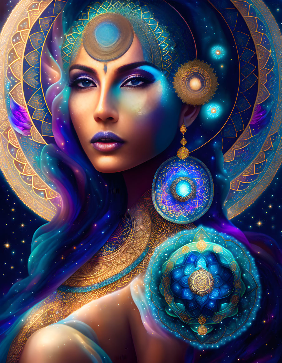 Cosmic-themed digital artwork of a woman in blue and purple hues