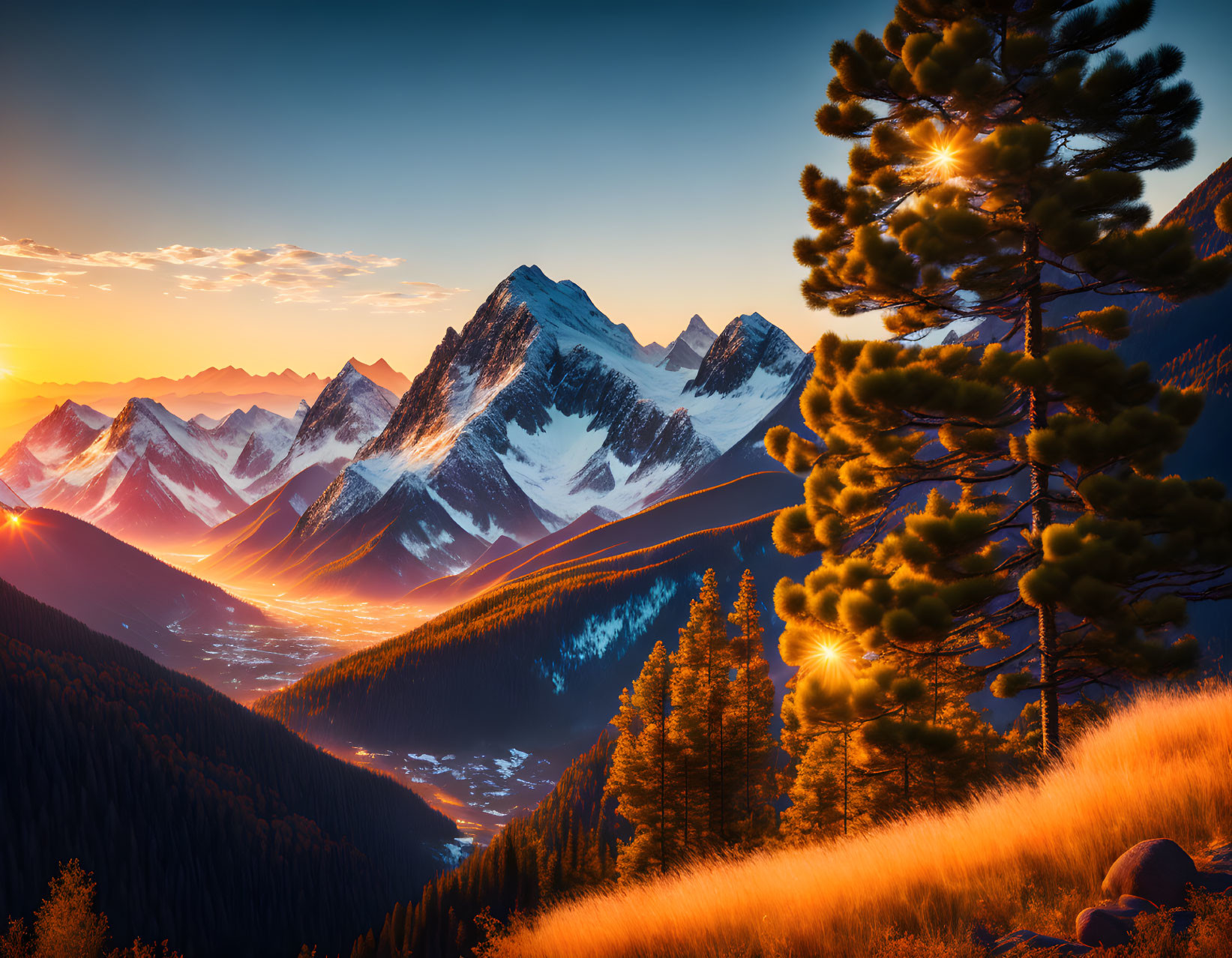 Majestic sunset over rugged mountains with golden light and pine trees.