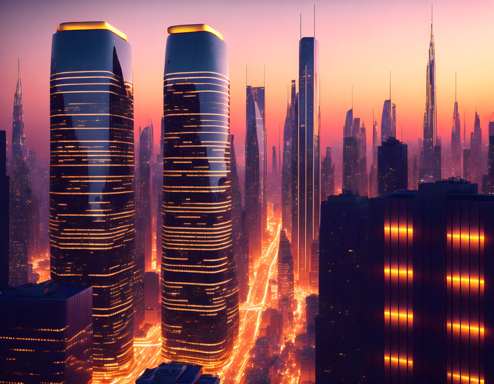 Futuristic cityscape with illuminated skyscrapers and busy traffic at dusk