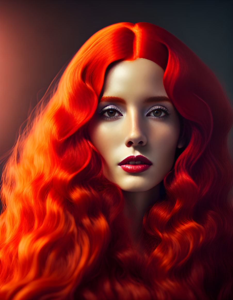 Digital portrait of woman with red hair, fair skin, blue eyes, and red lips on shaded background