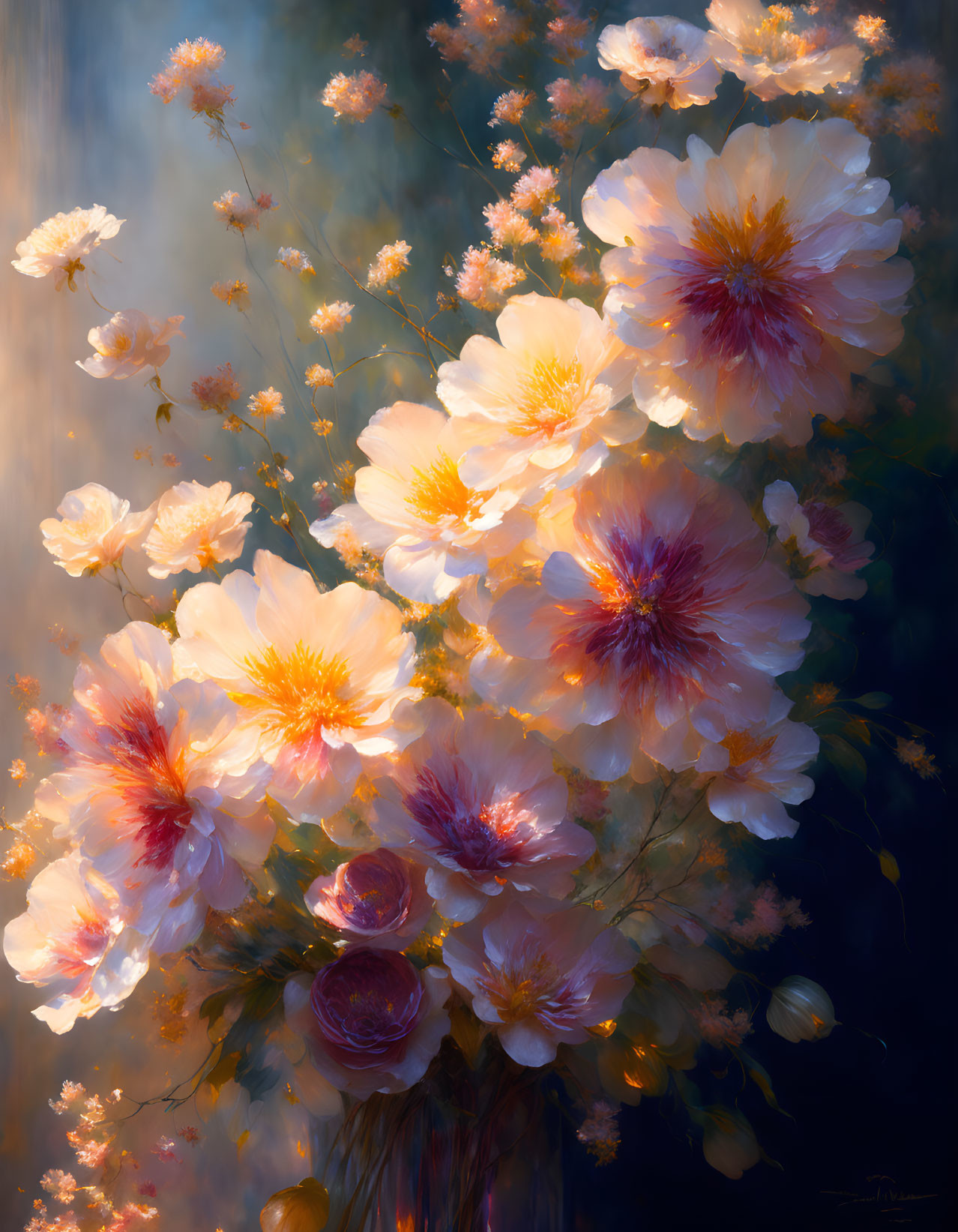 Ethereal white and pink flowers in a dreamlike digital painting