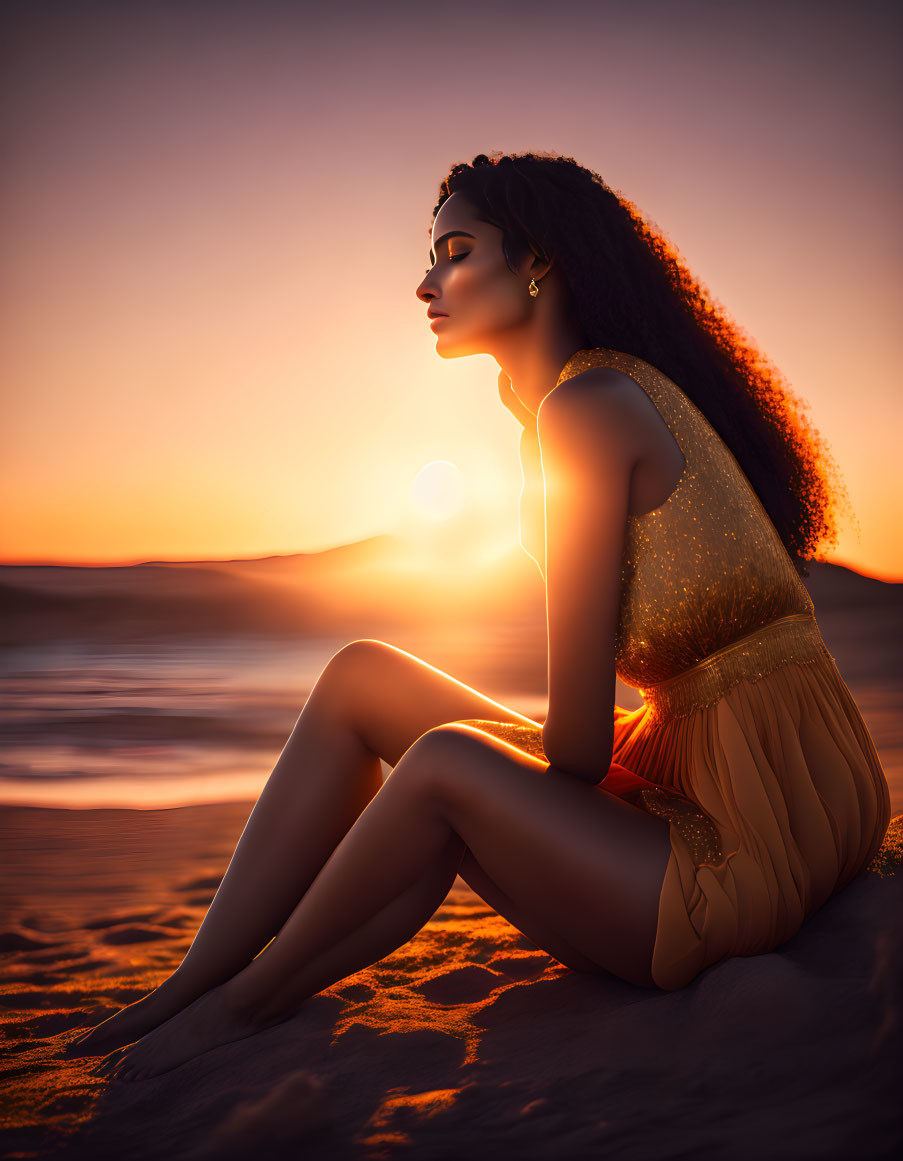 Woman sitting on sandy beach at sunset with glittering top.