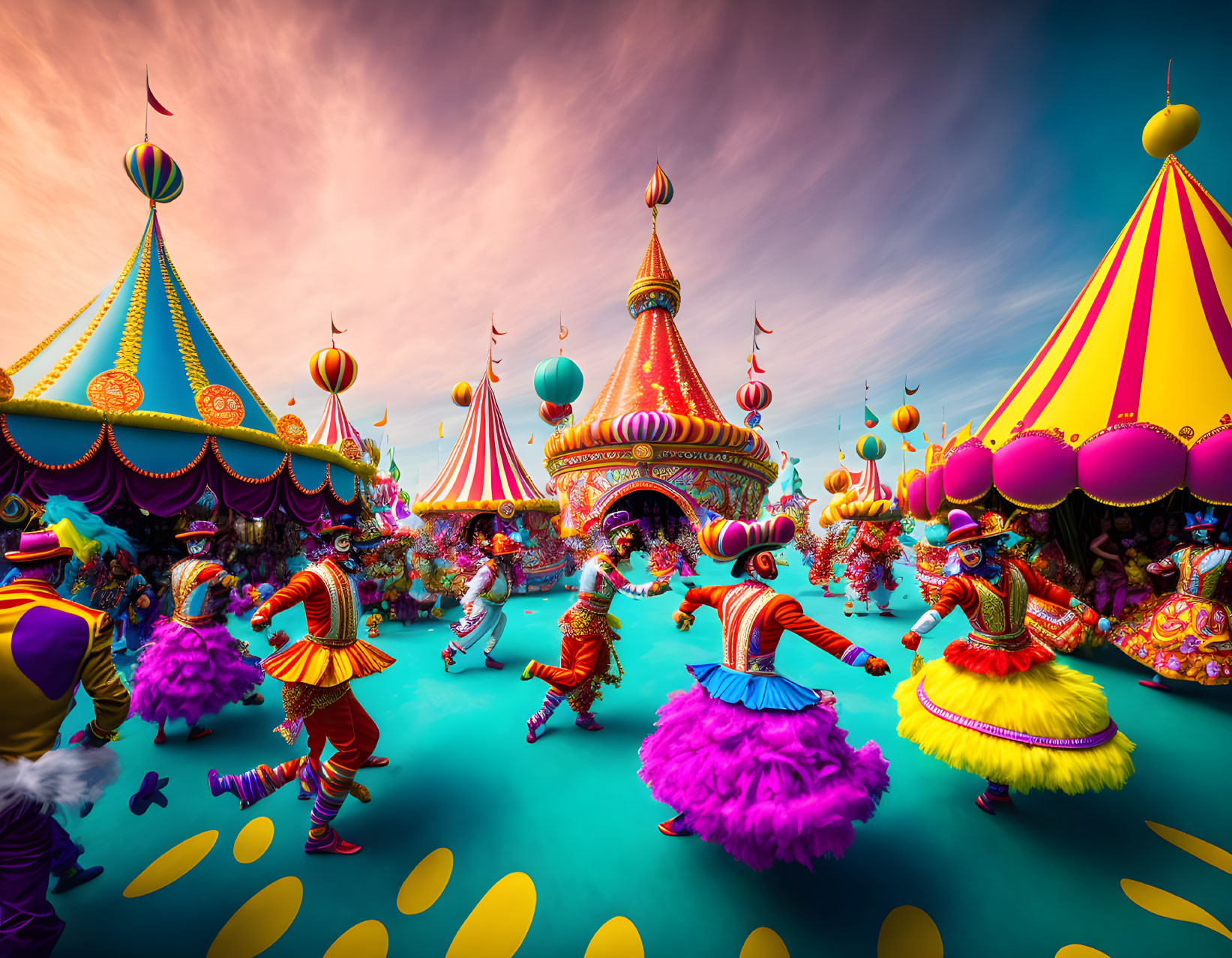 Vibrant carnival scene with colorful performers and whimsical tents