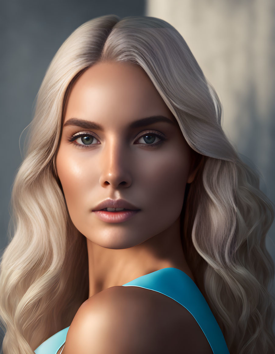 Blond Woman Portrait with Blue Eyes and Turquoise Top