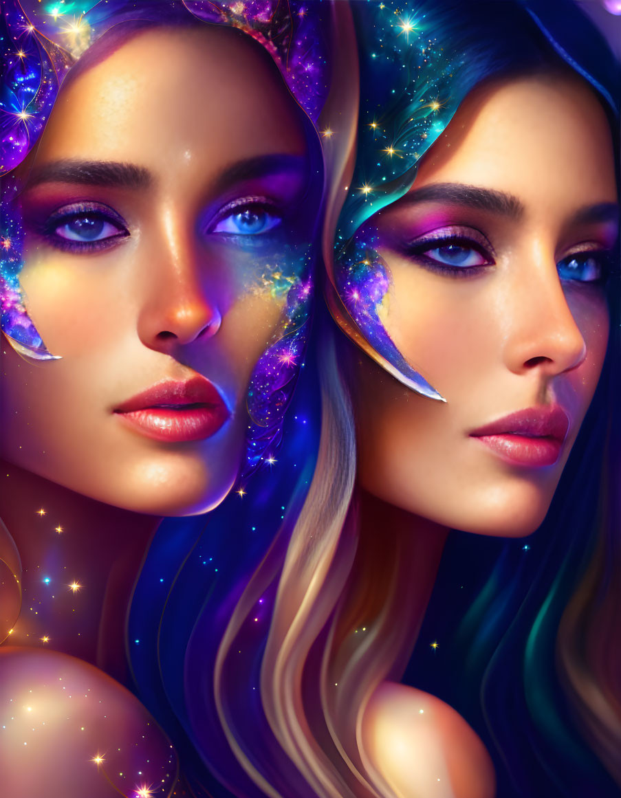 Women with cosmic makeup and celestial hair in mystical beauty.