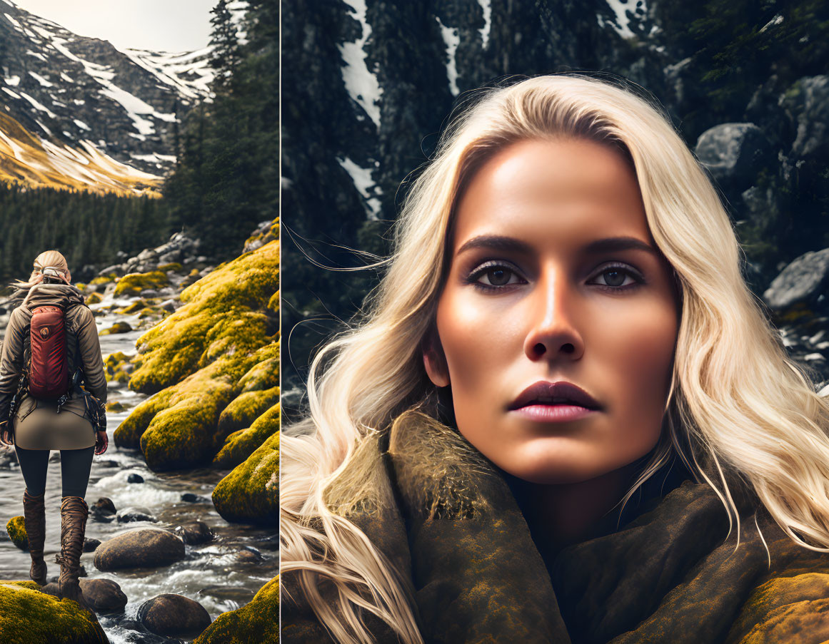 Split image: Woman hiking in mountain stream and close-up portrait.