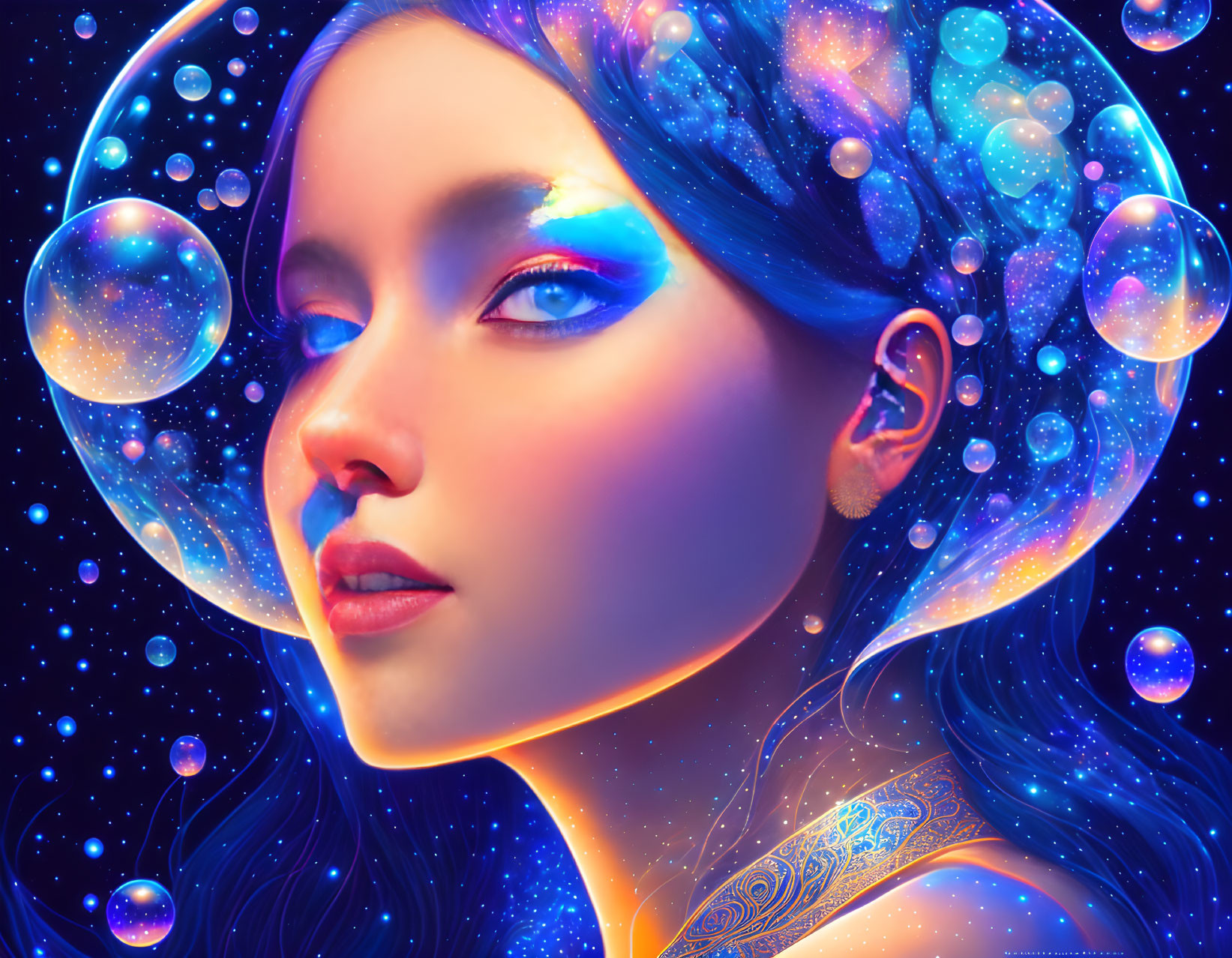 Vibrant cosmic-themed digital art portrait of a woman